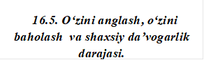 16.5. Ozini anglash, ozini baholash  va shaxsiy davogarlik darajasi.
 
